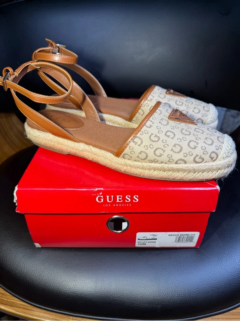 GUESS Tan Logo Espadrille Sandals with Ankle Strap Sz 10M box